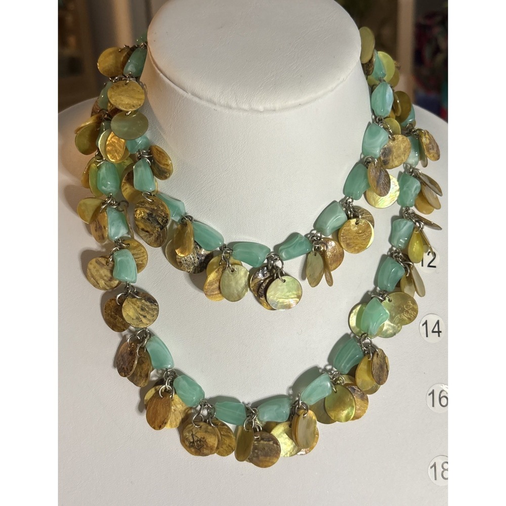 Aqua Blue Bead Mother of Pearl Shell Disc Dangle 2 Strand Boho Necklace
